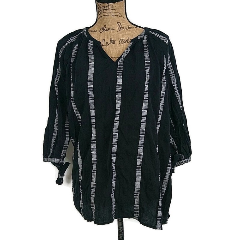 Aglow Maternity Black White Striped Tunic Blouse Boho Coastal Casual sz L